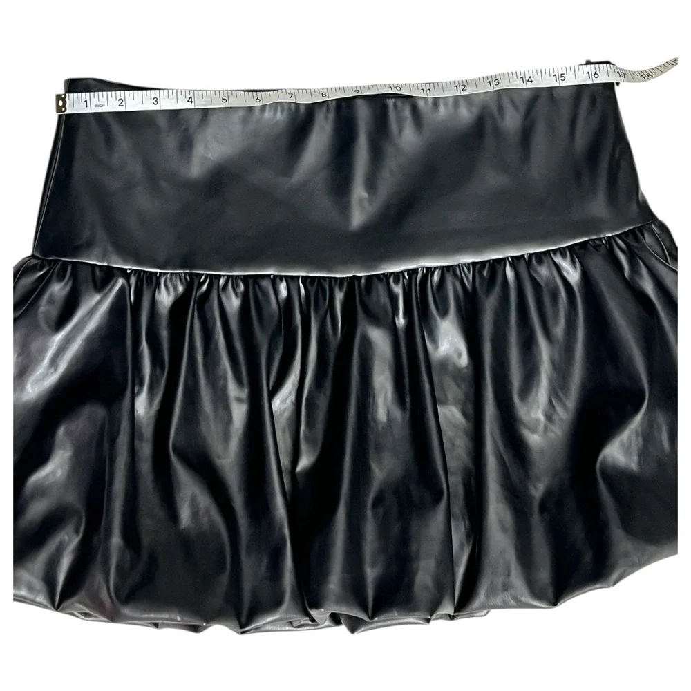 LELIS Faux Leather Bubble Mini Skirt‎ Black High Waist Clubwear Y2K Size L